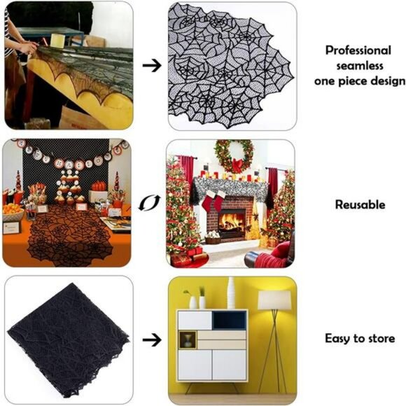 Halloween spider web lace table runner black 20x80 inch haunted house decor - Picture 4 of 8